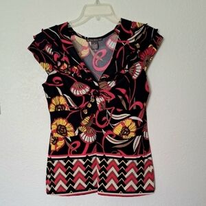 Floral Chevron V-Neck Short Sleeve Knit Top - Black, Coral & Yellow Vintage